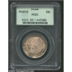 1923-S 50C Monroe MS65 PCGS. The margins have lovely sea-green and golden-brown patina, while the ce