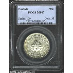 1936 50C Norfolk MS67 PCGS. A nearly flawlessly preserved example with delicate golden toning in the