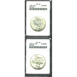1926 50C Oregon MS65 ANACS; and a 1933-D 50C Oregon MS65 ANACS. Two exceptionally clean examples of.