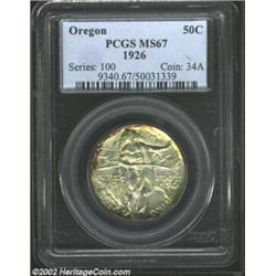 1926 50C Oregon MS67 PCGS. The Superb surfaces and strike of this coin are enhanced by majestic gree