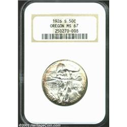 1926-S 50C Oregon MS67 NGC. A lack of abrasions on this satiny coin, with various colors highlightin