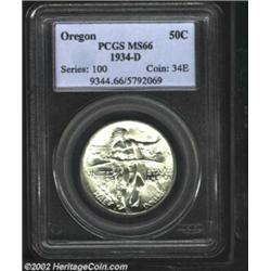 1934-D 50C Oregon MS66 PCGS. The surfaces are bright and frosty with a complete absence of toning. I