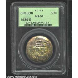 1936-S 50C Oregon MS66 PCGS. Moderate toning shows in multicolored hues over each side. Important no