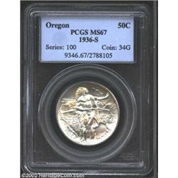 1936-S 50C Oregon MS67 PCGS. A mostly untoned, silver-white representative, there is a blush of pale