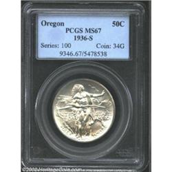 1936-S 50C Oregon MS67 PCGS. Brilliant with satin luster. This Superb Gem displays only the faintest