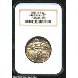 1937-D 50C Oregon MS67 NGC. A fully original specimen that was obviously carefully preserved in a ca