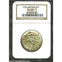 1938 50C Oregon MS67 NGC. Completely free of marks to the unaided eye with rich satiny luster. Toned