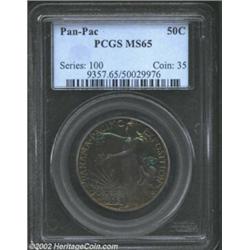 1915-S 50C Panama-Pacific MS65 PCGS. Deep lavender-gray toning yields to target-like gold, blue, and