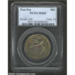 1915-S 50C Panama-Pacific MS65 PCGS. With attractive surfaces and medium amber-gray iridescent patin