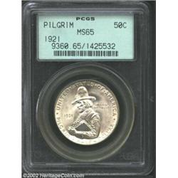 1921 50C Pilgrim MS65 PCGS. Attractive satiny brilliance with sharp definition on the Mayflower's gu