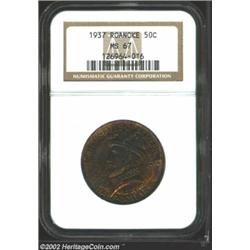 1937 50C Roanoke MS67 NGC. An enchanting coin that shows variegated shades of antique-gold, reddish-