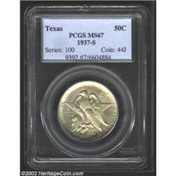 1937-S 50C Texas MS67 PCGS. The obverse exhibits dappled golden-lilac patina while more colorful acc