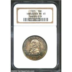 1925 50C Vancouver MS65 NGC. Clean surfaces are lightly covered in pastel shades, with an area of de