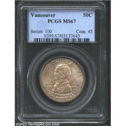 1925 50C Vancouver MS67 PCGS. Richly toned in lavender-gray shades, there are also blushes of steel-