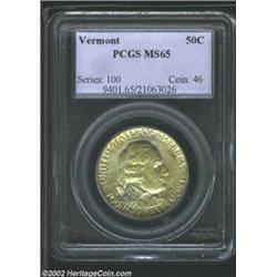 1927 50C Vermont MS65 PCGS. The lovely original yellow-green patina has faint peripheral speckles of