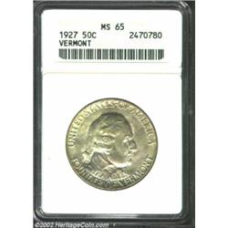 1927 50C Vermont MS65 ANACS. Light yellow-green patina dominates the reverse border, while the obver