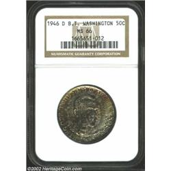 1946-D 50C Booker T. Washington MS66 NGC. Russet and lavender toning swarms over this Gem. Important