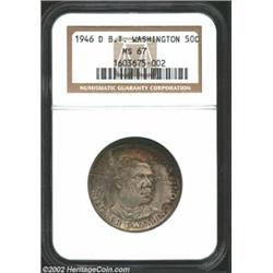 1946-D 50C Booker T. Washington MS67 NGC. Nice, original deep grey surfaces are accented with burgun