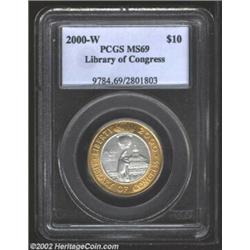 2000-W $10 Library of Congress MS69 PCGS. Pleasant matte colors of yellow-gold and silver-white that