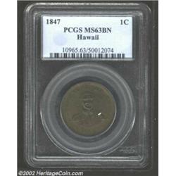 1847 1C Hawaii Cent MS63 Brown PCGS. Medium brown toning overlays boldly impressed surfaces. There a