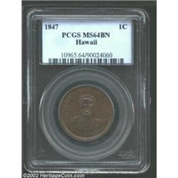 1847 1C Hawaii Cent MS64 Brown PCGS. Crosslet 4, 15 Berries. Med-2CC.2. The glossy surfaces are espe