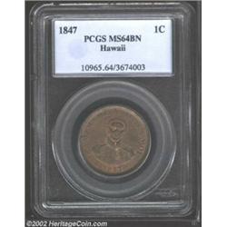 1847 1C Hawaii Cent MS64 Brown PCGS. Crosslet 4, 15 Berries. Med-2CC.2. Although given a Brown color