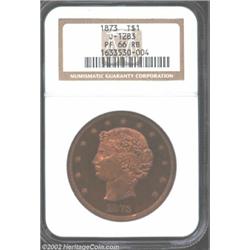 1873 T$1 Trade Dollar, Judd-1283, Pollock-1425, R.7, PR66 Red and Brown NGC. The obverse, designed b