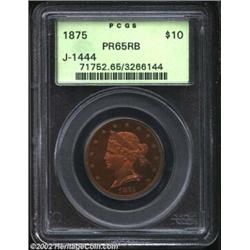 1875 $10 Sailor Head Ten Dollar, Judd-1444, Pollock-1588, R.6, PR65 Red and Brown PCGS. William Barb