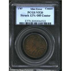 1787 COPPER Connecticut Copper, Mailed Bust Left--Struck 12% Off Center--VF20 PCGS. Miller 8-N, R.6.