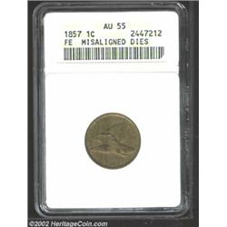 1857 1C Flying Eagle Cent--Misaligned Dies--AU55 ANACS. Dusky tan and olive patina. At first glance,