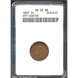 1897 1C Cent--Off-Center--MS63 Red and Brown ANACS. Struck approximately 10% off-center at 5 o'clock