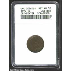 1899 1C Cent--Off-Center, Scratched--ANACS. Unc Details, Net AU50. Struck about 20% off center at 3.