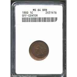 1900 1C Cent--Off-Center--MS64 Brown ANACS. Struck approximately 10% off center at 2 o'clock. The ma