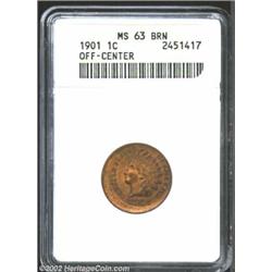 1901 1C Cent--Off-Center--MS63 Brown ANACS. Struck about 10% off-center at 1 o'clock. A well struck.