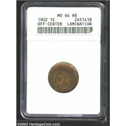 1902 1C Cent--Off-Center, Lamination--MS64 Red and Brown ANACS. Struck approximately 10% off center.