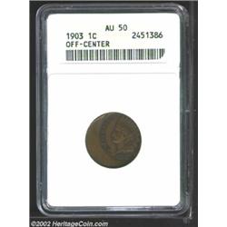 1903 1C Cent--Off-Center--AU50 ANACS. Struck 40% off center at 2 o'clock. Two-tone lilac and tan-bro