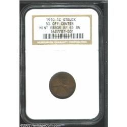 1910 1C Cent--Struck 5% Off Center--XF45 NGC. Struck off center at 2 o'clock. Lovely medium brown pa