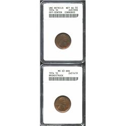 1914 1C Cent--Off Center--Corroded--ANACS, Unc Details, Net AU55, off center 5% at 2 o'clock, the su