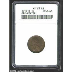 1915-D 1C Cent--Off-Center--MS63 Red and Brown ANACS. Struck 10% off center at 2 o'clock. The hints.