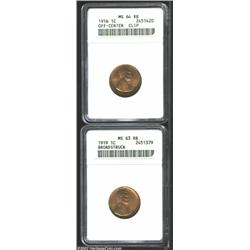 1916 1C Cent--Off-Center, Clip--MS64 Red and Brown ANACS, struck 15% off center at 12 o'clock, a sma