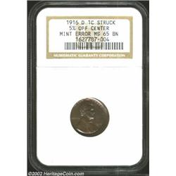 1916-D 1C Cent--Struck 5% Off Center--MS65 Brown NGC. A lovely Gem, the otherwise glossy brown surfa