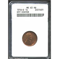 1916-D 1C Cent--Off-Center--MS63 Red and Brown ANACS. Struck approximately 10% off-center at 9 o'clo