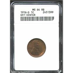 1916-D 1C Cent--Off-Center--MS64 Red and Brown ANACS. Intermingled olive-brown, rose, and lilac pati