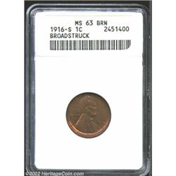 1916-S 1C Cent--Broadstruck--MS63 Brown ANACS. Struck about 7% off center at 12 o'clock. A boldly st