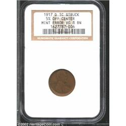 1917-D 1C Cent--Struck 5% Off Center--VG8 NGC. Struck off center at 12 o'clock. This Cent apparently