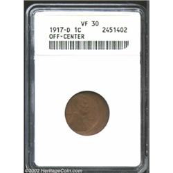 1917-D 1C Cent--Off-Center--VF30 ANACS. Struck about 35% off center at 9 o'clock. Deep tan-brown pat