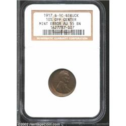 1917-S 1C Cent--Struck 10% Off Center--AU55 NGC. Struck off center at 2 o'clock, with nearly all of.