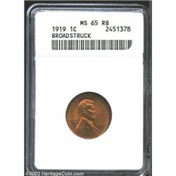 1919 1C Cent--Broadstruck--MS65 Red and Brown ANACS. The lip of unstruck metal is widest at 1 o'cloc