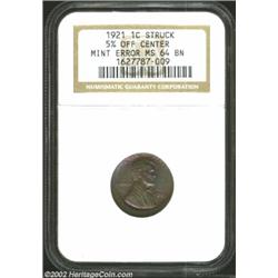 1921 1C Cent--5% Off Center--MS64 Brown NGC. Direct angles reveal rich lilac-pink and cobalt-blue ac