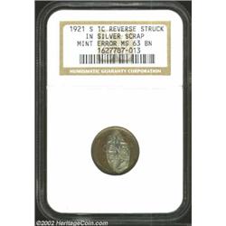 1921-S 1C Cent--Reverse Struck in Silver Scrap--MS63 Brown NGC. An intriguing Mint error, an ellipti